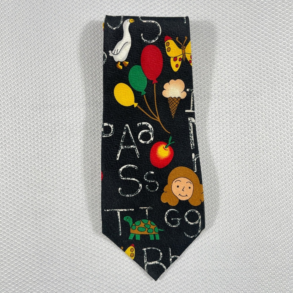 Fratello Silk Mens Alphabet Teacher Novelty Tie Black School Print VTG‎
